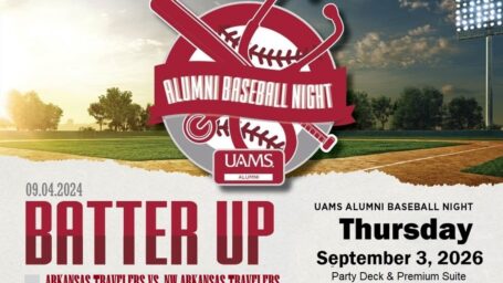Graphic promoting UAMS Alumni Baseball Night featuring crossed baseball bats and a baseball over a field at sunset, with event details including date, time, and location.